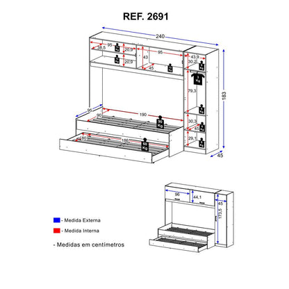 Bicama com Guarda-Roupa/Roupeiro para colchão 88 x 188 cm Multimóveis Branca