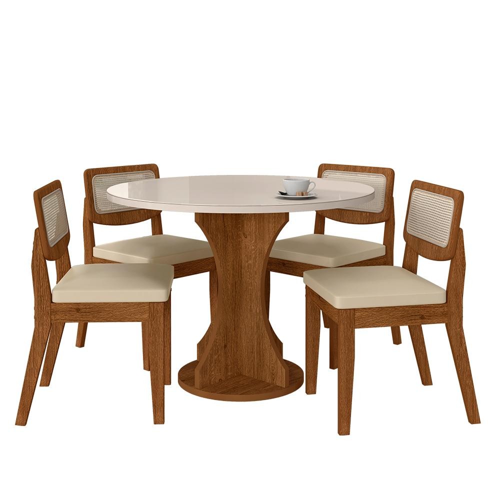 Mesa Com 4 Cadeiras Redonda C/vidro Santorini Fre/off/corino Beg - M.a
