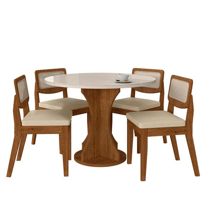 Mesa Com 4 Cadeiras Redonda C/vidro Santorini Fre/off/corino Beg - M.a