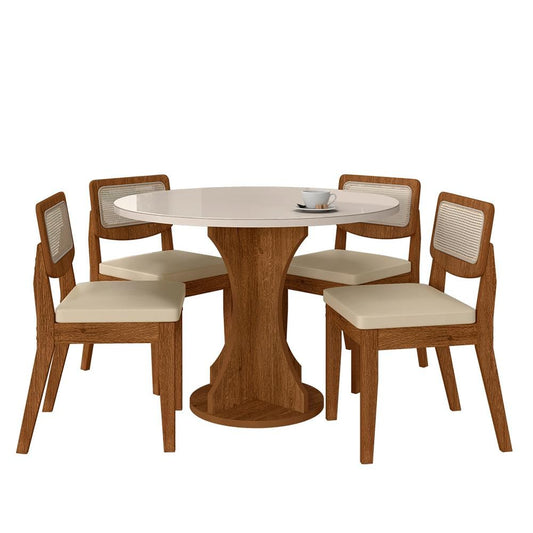 Mesa Com 4 Cadeiras Redonda C/vidro Santorini Fre/off/corino Beg - M.a