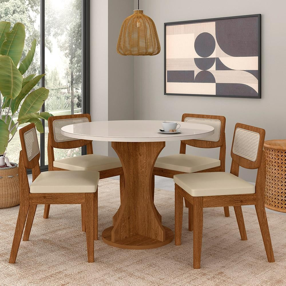 Mesa Com 4 Cadeiras Redonda C/vidro Santorini Fre/off/corino Beg - M.a