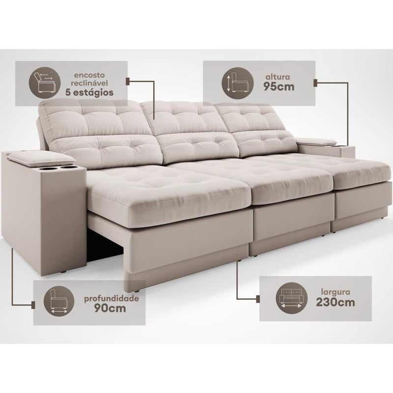 Sofá com Porta Copos e Carregador USB Eureka 2,30m Assento Retrátil e Reclinável Velosuede - Cor Areia