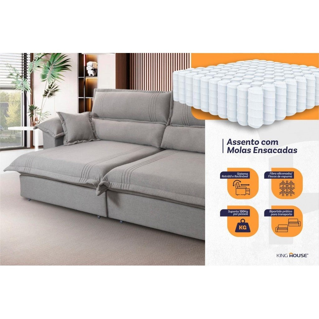Sofá Retrátil Reclinável 2,50m Nivus Cinza c/ Molas Ensacadas - King House