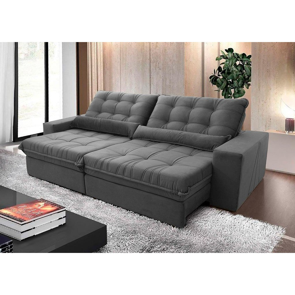 Sofá Retrátil Reclinável Zurique 2,30m Suede Velut Cinza c/ Molas no Assento - King House