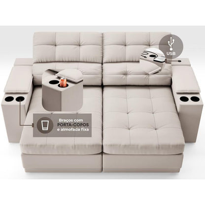 Sofá com Porta Copos e Carregador USB Eureka 1,70m Assento Retrátil e Reclinável Velosuede Areia - NETSOFAS