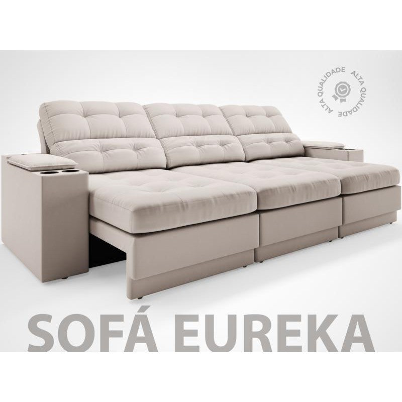 Sofá com Porta Copos e Carregador USB Eureka 2,30m Assento Retrátil e Reclinável Velosuede - Cor Areia