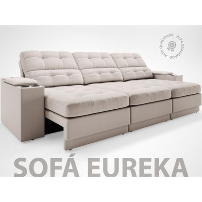 Sofá com Porta Copos e Carregador USB Eureka 2,30m Assento Retrátil e Reclinável Velosuede - Cor Areia