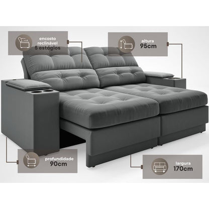 Sofá com Porta Copos e Carregador USB Eureka 1,70m Assento Retrátil e Reclinável Velosuede Grafite - NETSOFAS