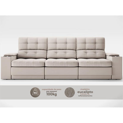 Sofá com Porta Copos e Carregador USB Eureka 2,30m Assento Retrátil e Reclinável Velosuede - Cor Areia