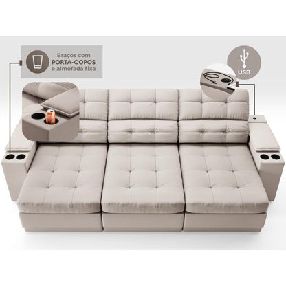 Sofá com Porta Copos e Carregador USB Eureka 2,30m Assento Retrátil e Reclinável Velosuede - Cor Areia