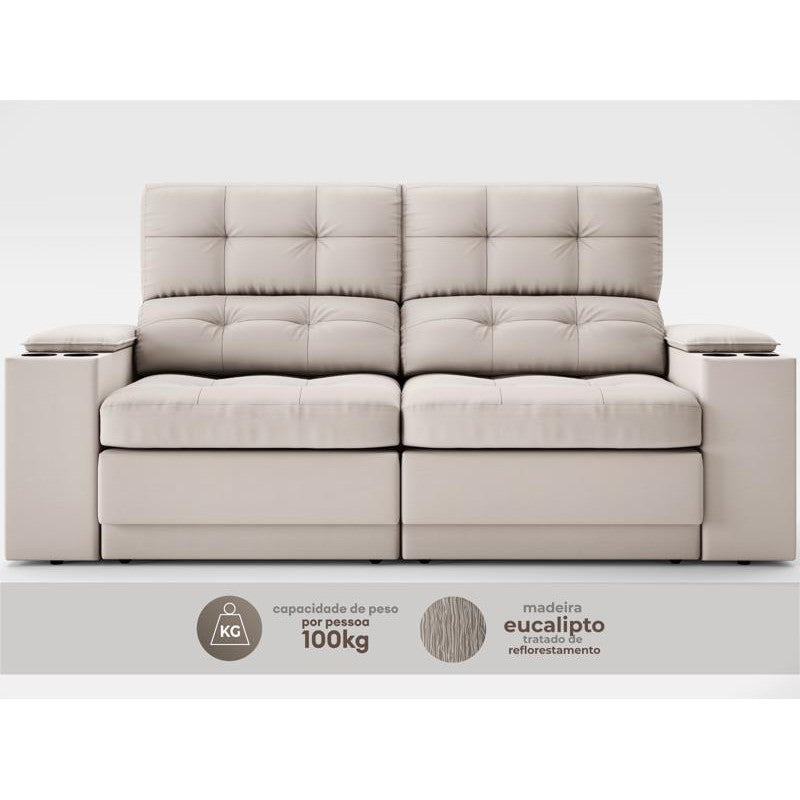 Sofá com Porta Copos e Carregador USB Eureka 1,70m Assento Retrátil e Reclinável Velosuede Areia - NETSOFAS
