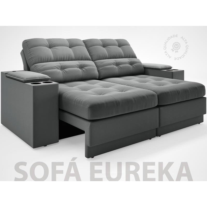 Sofá com Porta Copos e Carregador USB Eureka 1,70m Assento Retrátil e Reclinável Velosuede Grafite - NETSOFAS