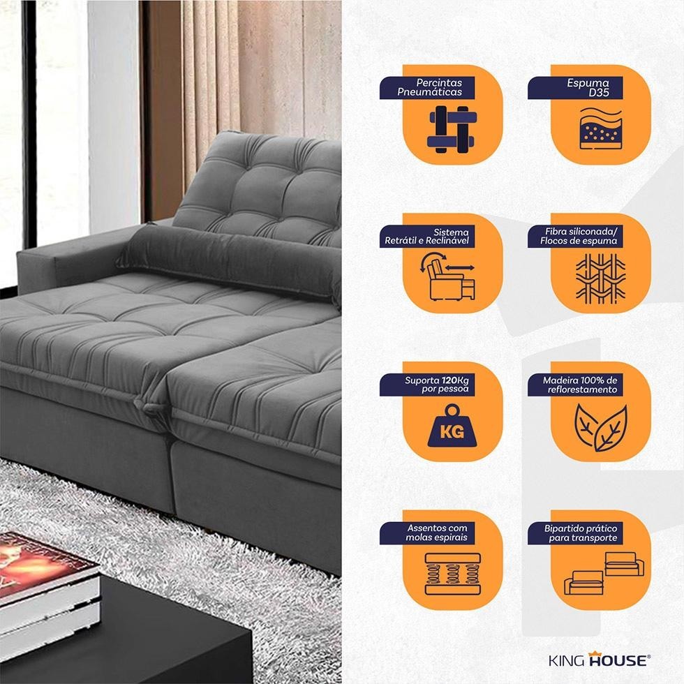 Sofá Retrátil Reclinável Zurique 2,30m Suede Velut Cinza c/ Molas no Assento - King House