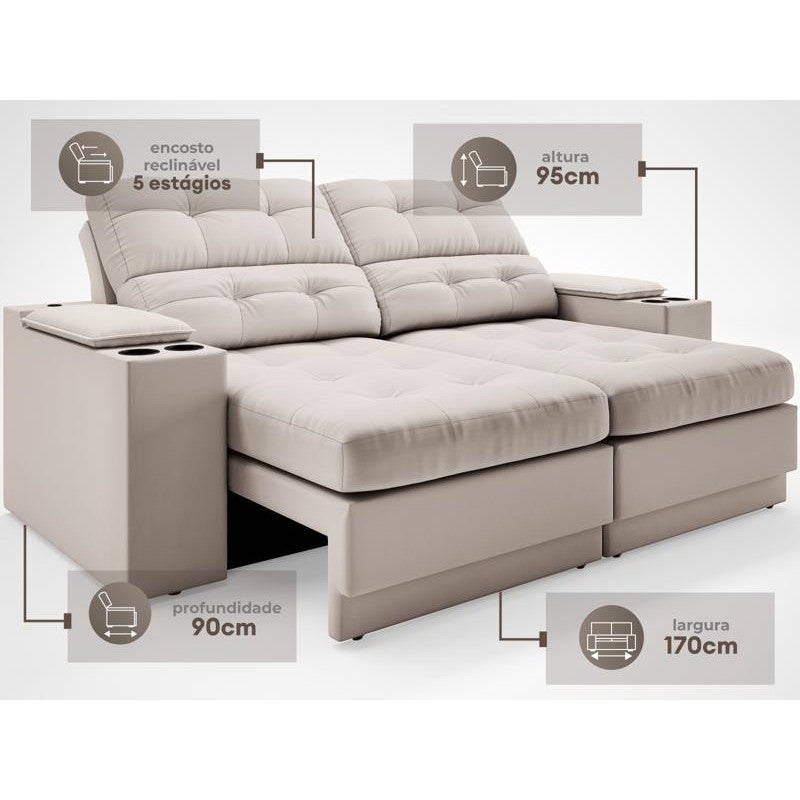 Sofá com Porta Copos e Carregador USB Eureka 1,70m Assento Retrátil e Reclinável Velosuede Areia - NETSOFAS