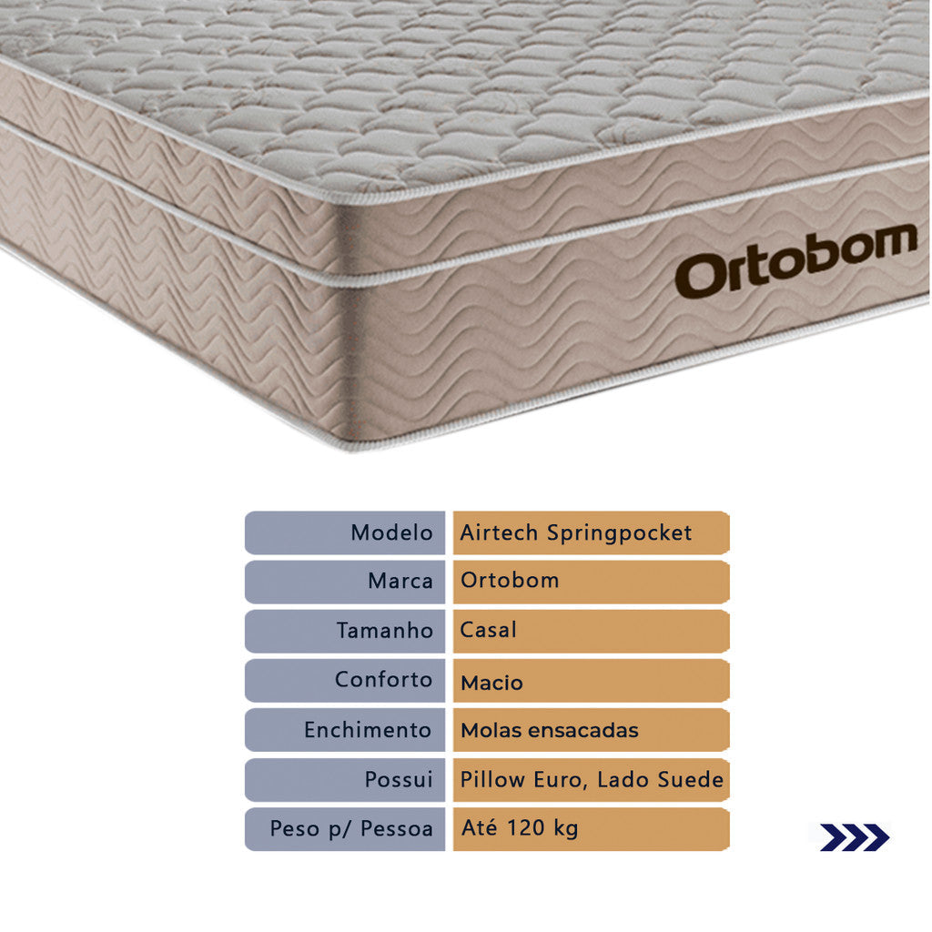 Cama Box com Baú Casal Bege e Colchão Ortobom Airtech Molas Ensacadas
