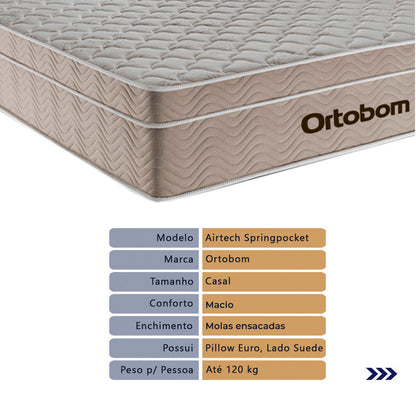 Cama Box com Baú Casal Bege e Colchão Ortobom Airtech Molas Ensacadas