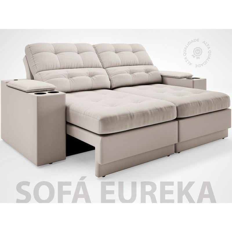 Sofá com Porta Copos e Carregador USB Eureka 1,70m Assento Retrátil e Reclinável Velosuede Areia - NETSOFAS