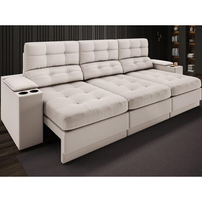 Sofá com Porta Copos e Carregador USB Eureka 2,30m Assento Retrátil e Reclinável Velosuede - Cor Areia