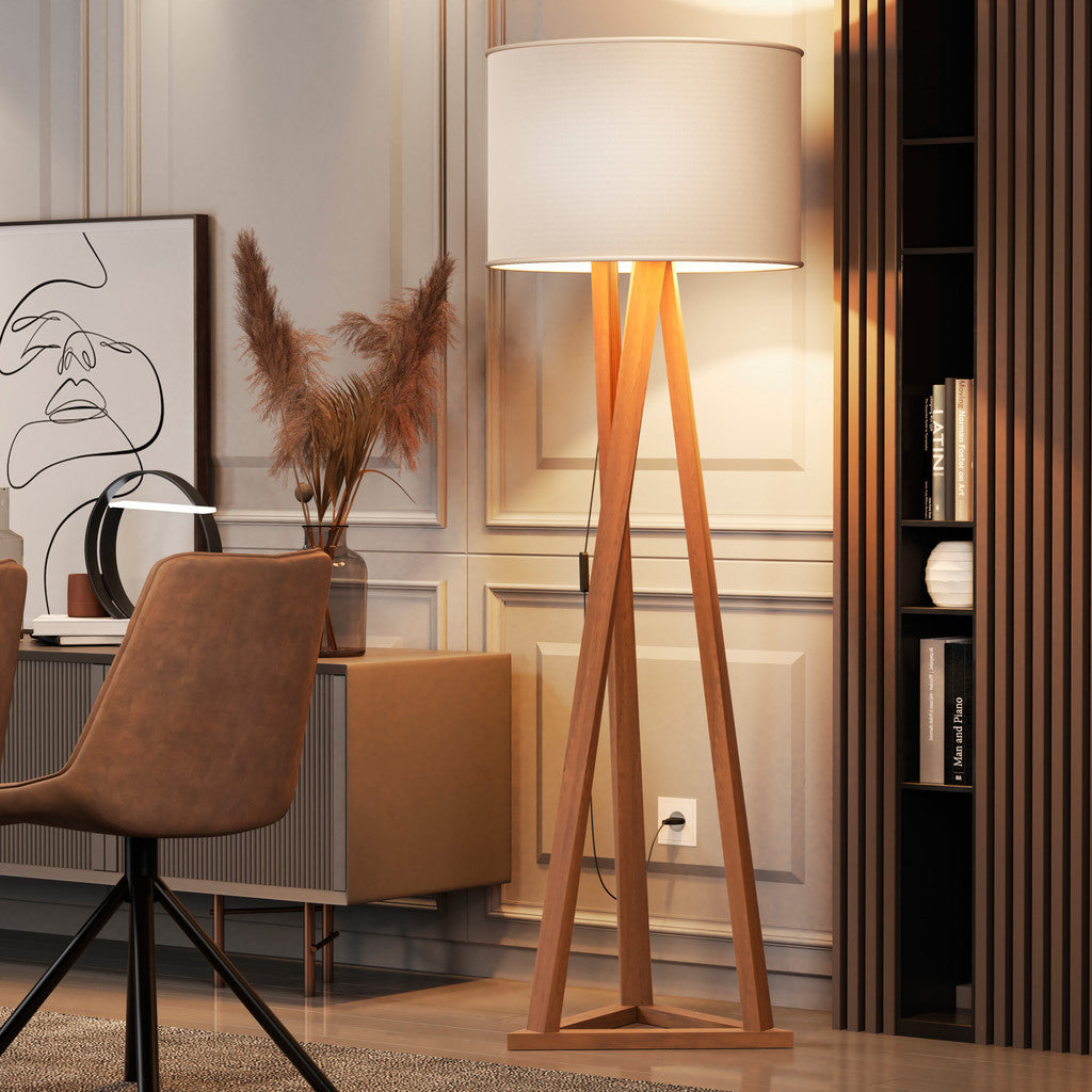 Luminária de Chão Tripé em Madeira com Cúpula Abajur Sala Quarto Escritório Moderna Elegante Decorativa