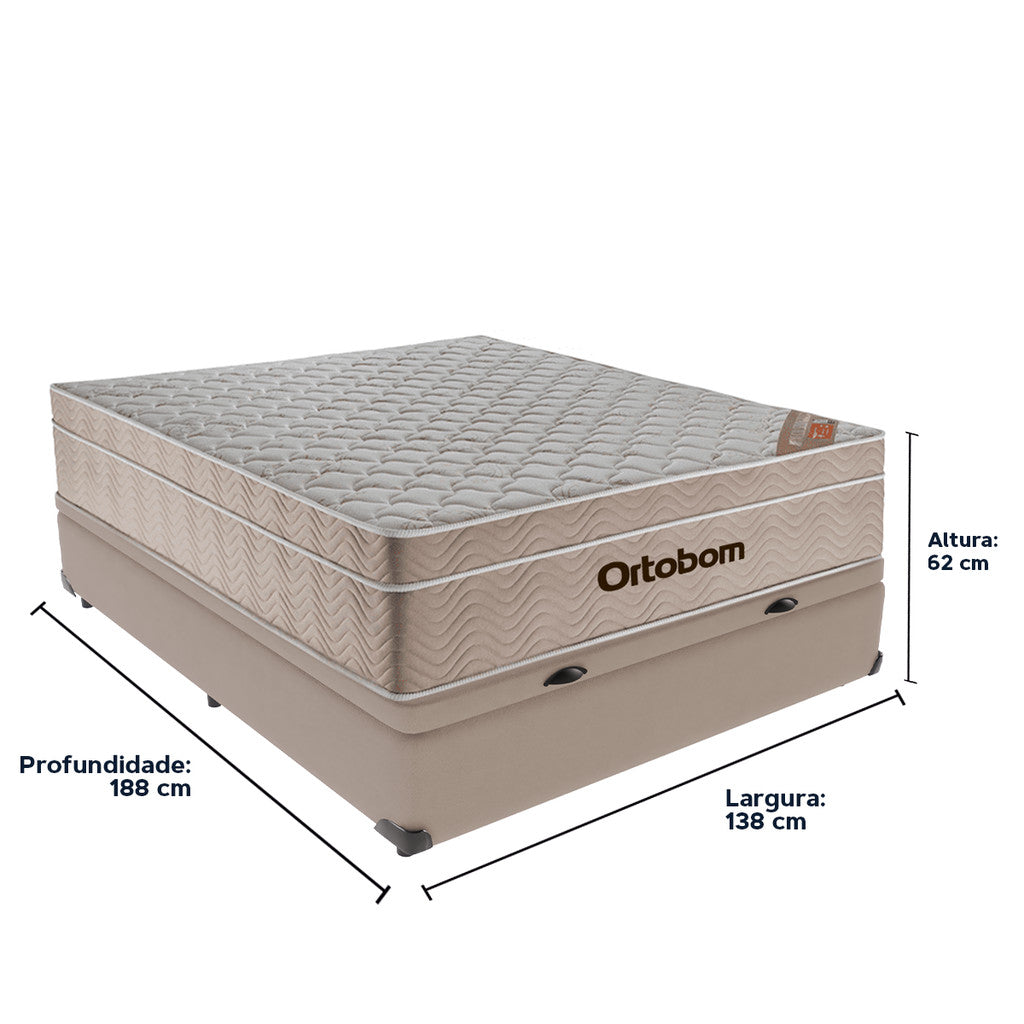 Cama Box com Baú Casal Bege e Colchão Ortobom Airtech Molas Ensacadas