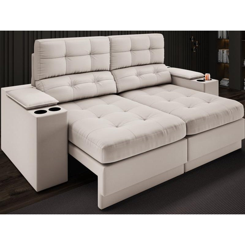 Sofá com Porta Copos e Carregador USB Eureka 1,70m Assento Retrátil e Reclinável Velosuede Areia - NETSOFAS