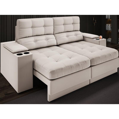 Sofá com Porta Copos e Carregador USB Eureka 1,70m Assento Retrátil e Reclinável Velosuede Areia - NETSOFAS