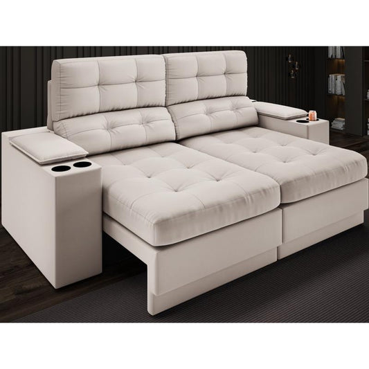 Sofá com Porta Copos e Carregador USB Eureka 1,70m Assento Retrátil e Reclinável Velosuede Areia - NETSOFAS