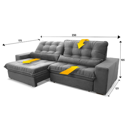 Sofá Retrátil Reclinável Zurique 2,30m Suede Velut Cinza c/ Molas no Assento - King House