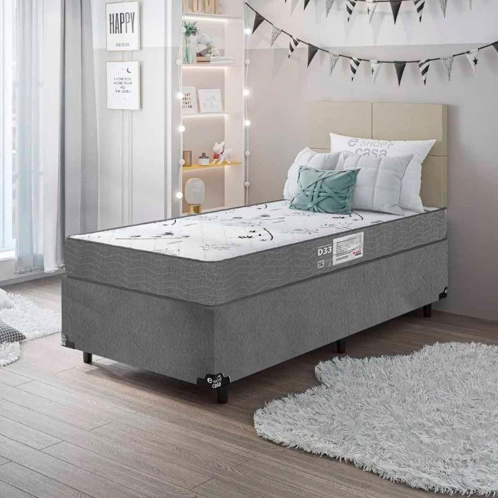 Cama Box Solteiro + Colchão D33 One Face - Suede Cinza