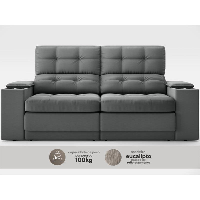 Sofá com Porta Copos e Carregador USB Eureka 1,70m Assento Retrátil e Reclinável Velosuede Grafite - NETSOFAS