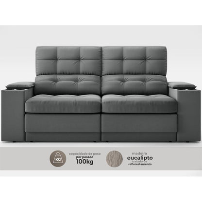 Sofá com Porta Copos e Carregador USB Eureka 1,70m Assento Retrátil e Reclinável Velosuede Grafite - NETSOFAS