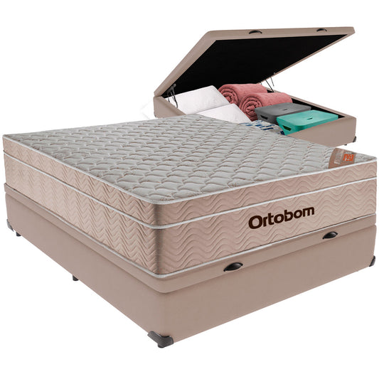 Cama Box com Baú Casal Bege e Colchão Ortobom Airtech Molas Ensacadas