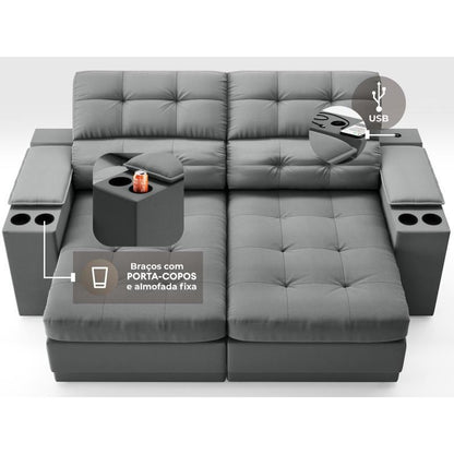 Sofá com Porta Copos e Carregador USB Eureka 1,70m Assento Retrátil e Reclinável Velosuede Grafite - NETSOFAS