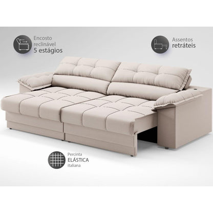 Sofá com Carregador USB e Molas no Assento Retrátil Reclinável Mimo 2,30m Velosuede - NETSOFAS