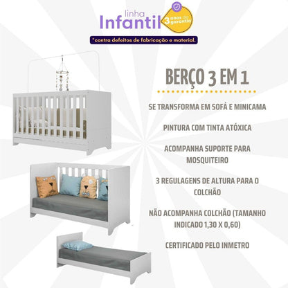 Berço 3 em 1 para Colchão 60 x 130 cm Multimóveis FG0527 Branco