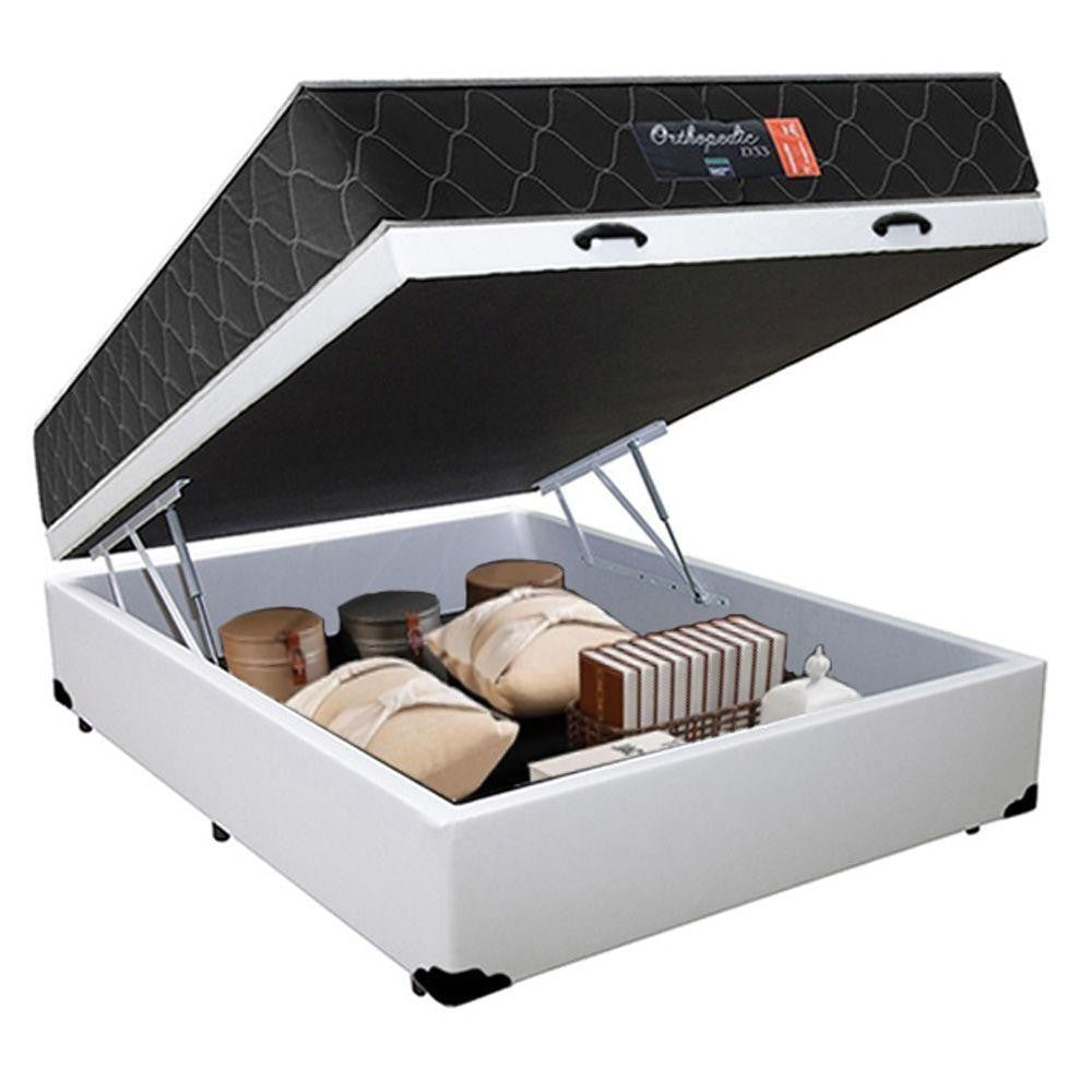 Cama Box Baú Casal + Colchão Semi Ortopédico Extra Firme Espuma D33 Colchões 138x188x72 Branco