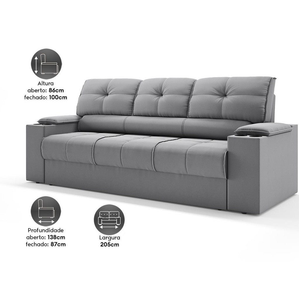 Sofá 3 Lugares Retrátil e Reclinável Tom com Porta-Copos Velosuede 2,05m