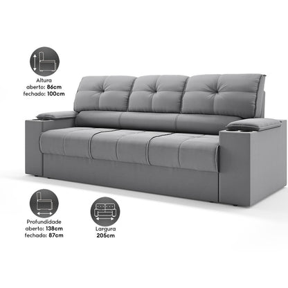 Sofá 3 Lugares Retrátil e Reclinável Tom com Porta-Copos Velosuede 2,05m