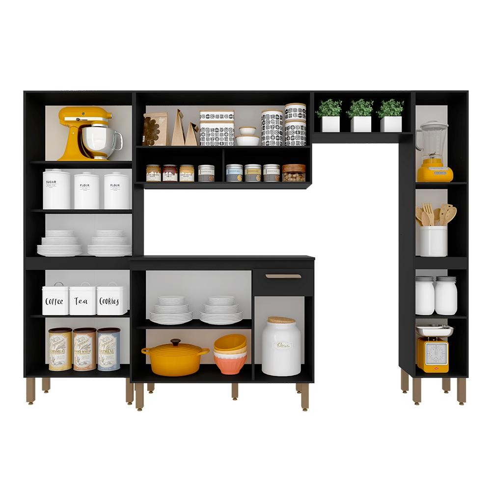 Armário De Cozinha Tieli 5 Peças Preto Fosco - Móveis Arapongas