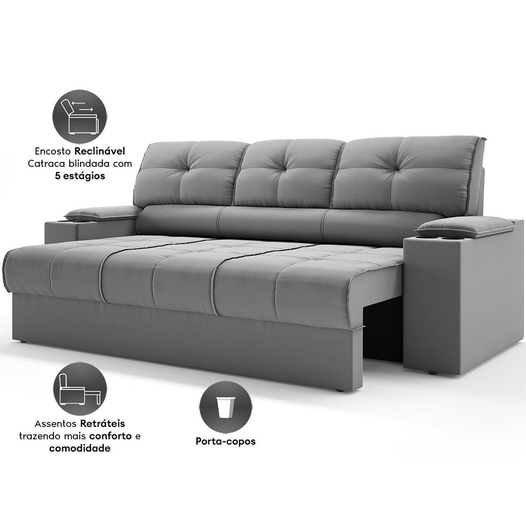 Sofá 3 Lugares Retrátil e Reclinável Tom com Porta-Copos Velosuede 2,05m