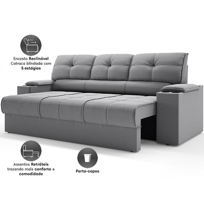 Sofá 3 Lugares Retrátil e Reclinável Tom com Porta-Copos Velosuede 2,05m