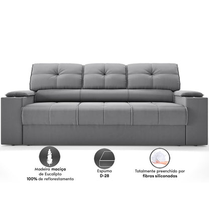 Sofá 3 Lugares Retrátil e Reclinável Tom com Porta-Copos Velosuede 2,05m
